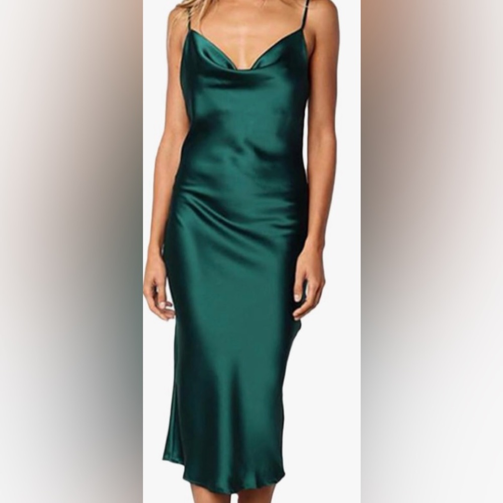 SPAGHETTI STRAP COWL NECK SATIN DRESS